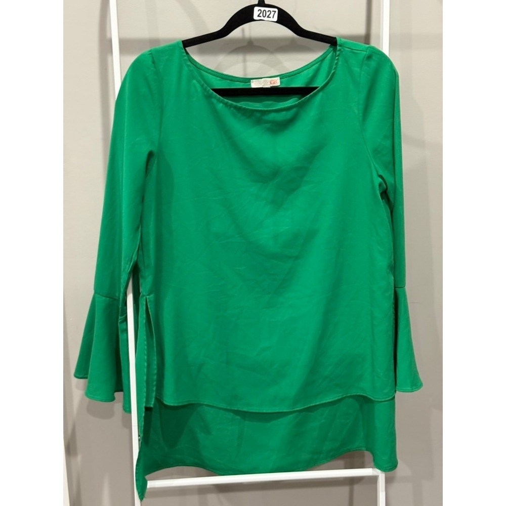 Gianni‎ Bini Green Bell Sleeve Layered Hem Blouse Women's M Boho Chic Romantic